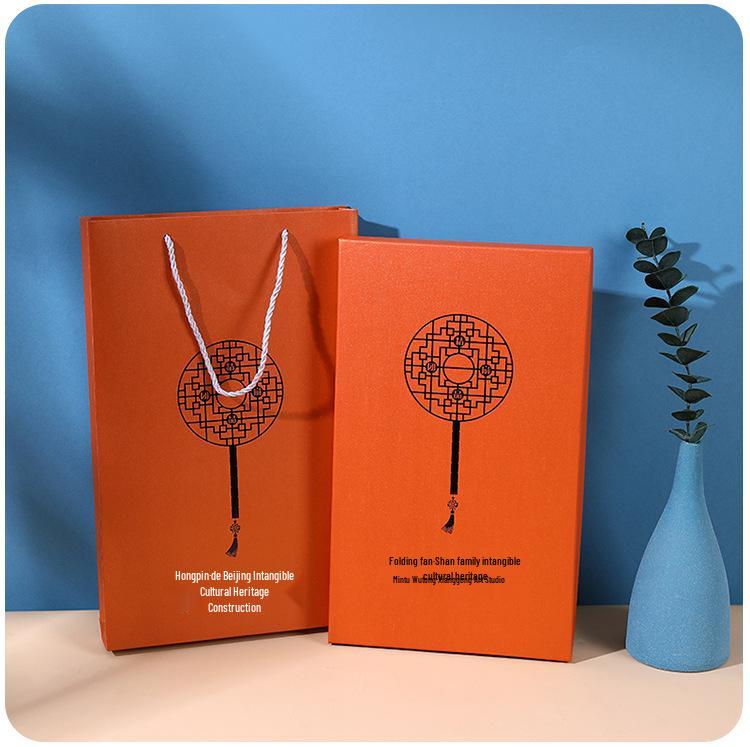 Ancient-Style Chinese Round Fan Gift Box with Lid and Gift Bag