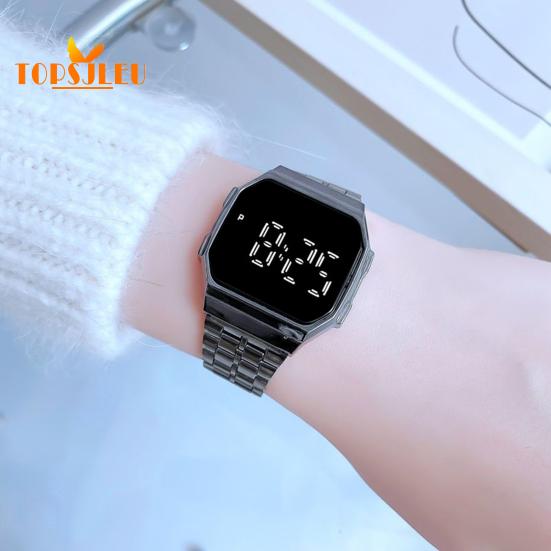 Electronic LED Display Watch: Battery Operated, Touchscreen, Square Steel Band - Perfect for Men, Women, and Students