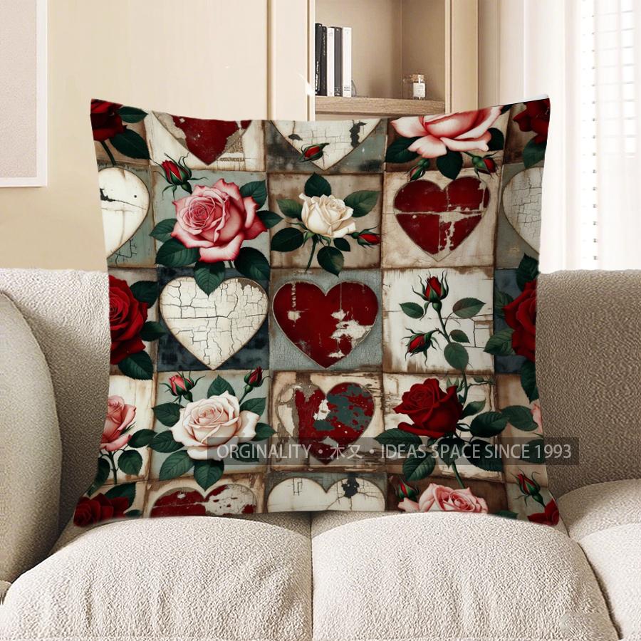 2D Floral & Heart Pattern Digital Print Pillowcase Pattern Cushion Cover Suitable For Sofa Bedroom Car Pillow Cover