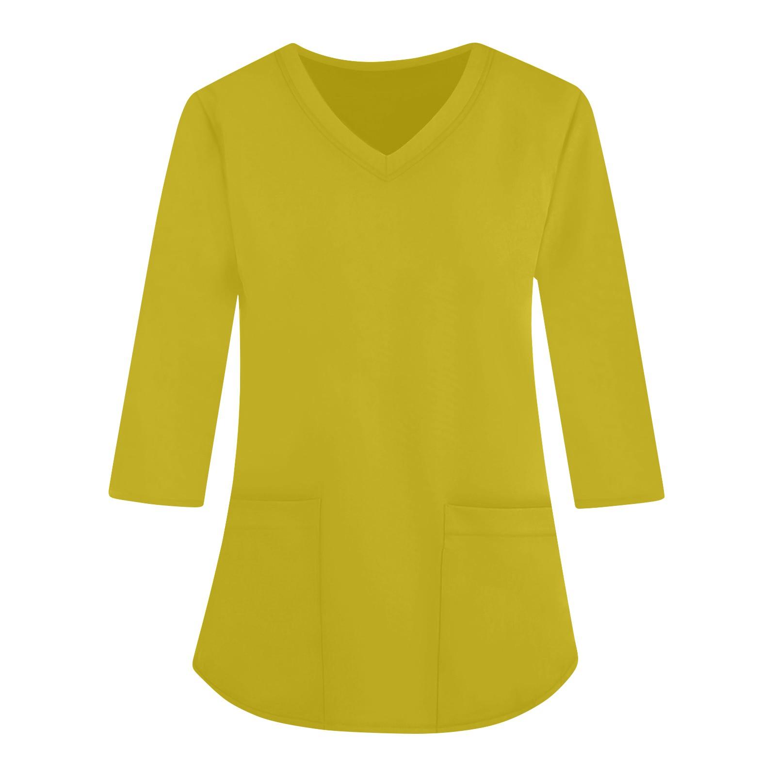 

Модная женская однотонная рабочая одежда с v-образным вырезом и рукавами три четверти, свободный топ с карманом и принтом L имбирный