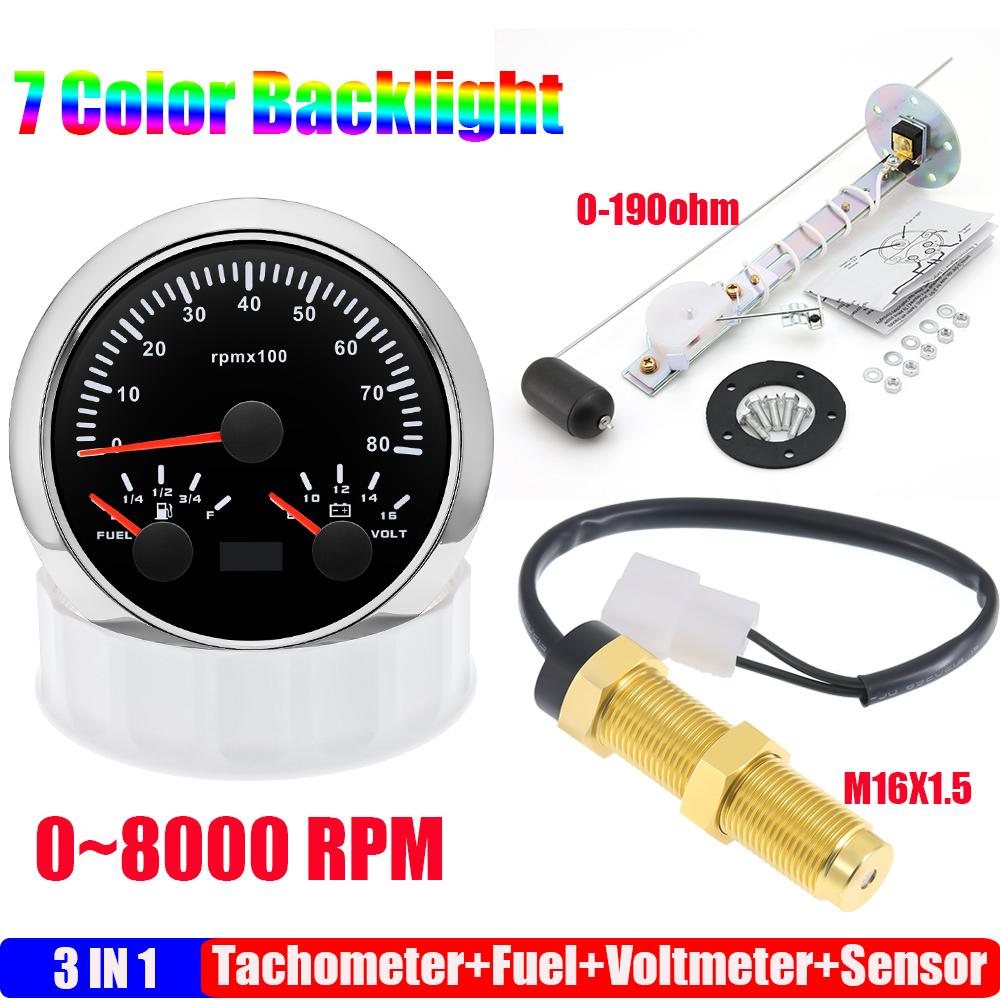 85mm Auto Car Gauge 3-in-1 Tachometer Fuel Level Voltmeter 7 Color Light Multimeter with Sensor 0-190ohm Boat/Yacht 12V