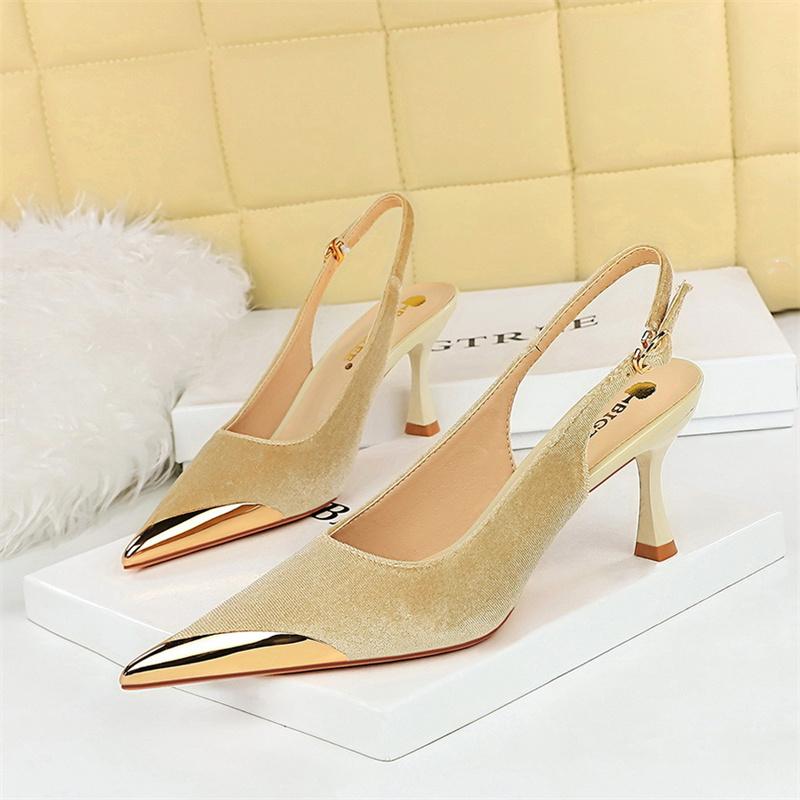 

Fashion Elegant Women Green High Heel Velvet Pumps Wedding Party Slingback Sandals Metal Pointed Toe Hollow Buckle Wine Red Shoes 35(Foot22.5cm)