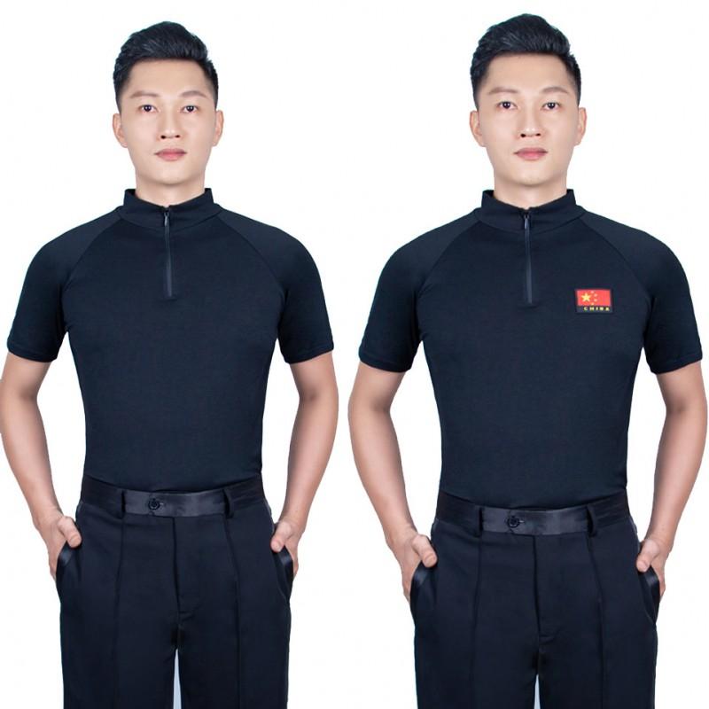 Mens Latin Dance Practice Top Short Sleeve Stand Collar Insert Shoulder Performance Shirt Ballroom Salsa Bachata