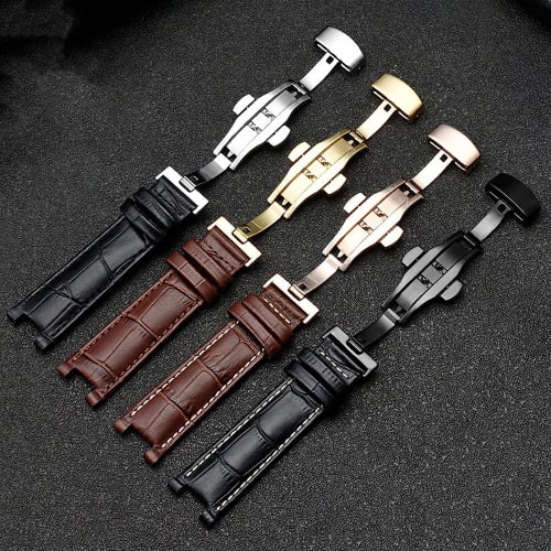 Dayeer Genuine Leather Watch Band with GC Notch Strap for Men and Women with Stainless Steel Butterfly Buckle (Color: Blue Gold, Size: 22-13mm)