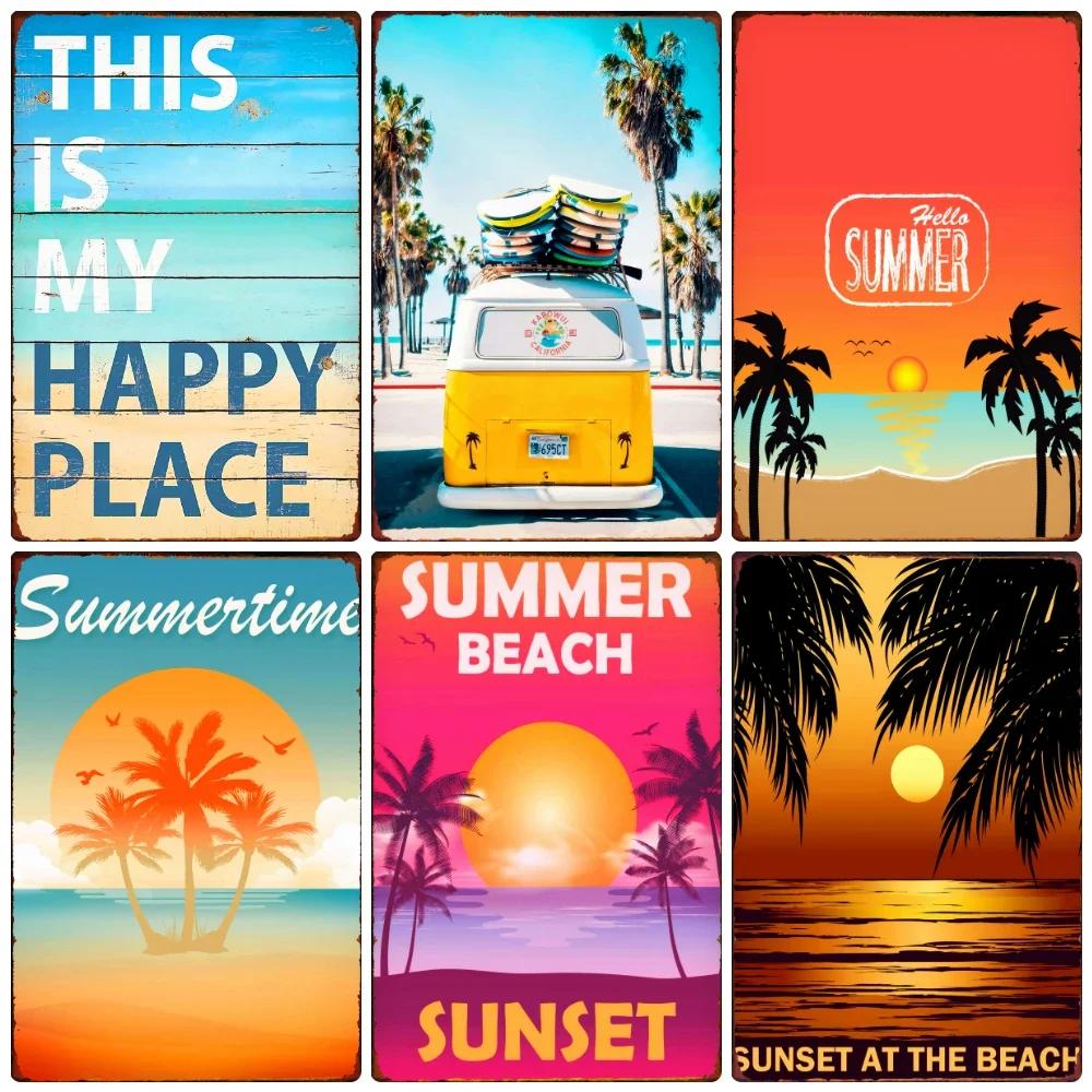 Beach Metal Tin Sign, Vintage Summer Beach Plates, Relax Wall Sign, Pool Tiki Bar Pub Seaside Ocean, Happy Place, Decor WY161