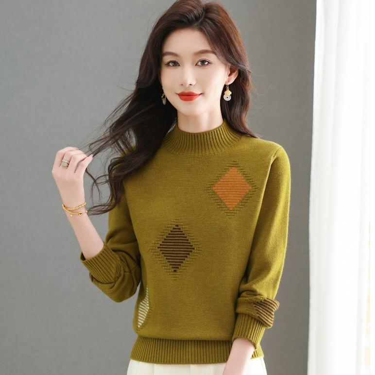 Solid-color Sweater Women's Trendy Casual Long-sleeved Knitted Sweater Loose Half Turtleneck Pullover Autumn and Winter Top