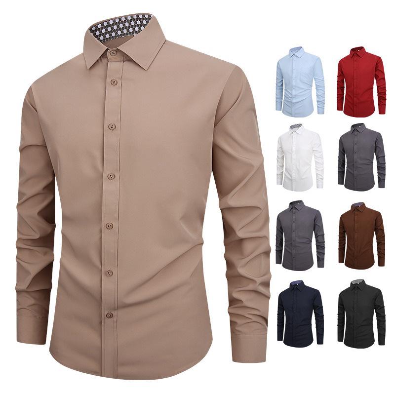 Men's Solid Color Non-Iron White Long Sleeve Slim Fit Business Shirt
