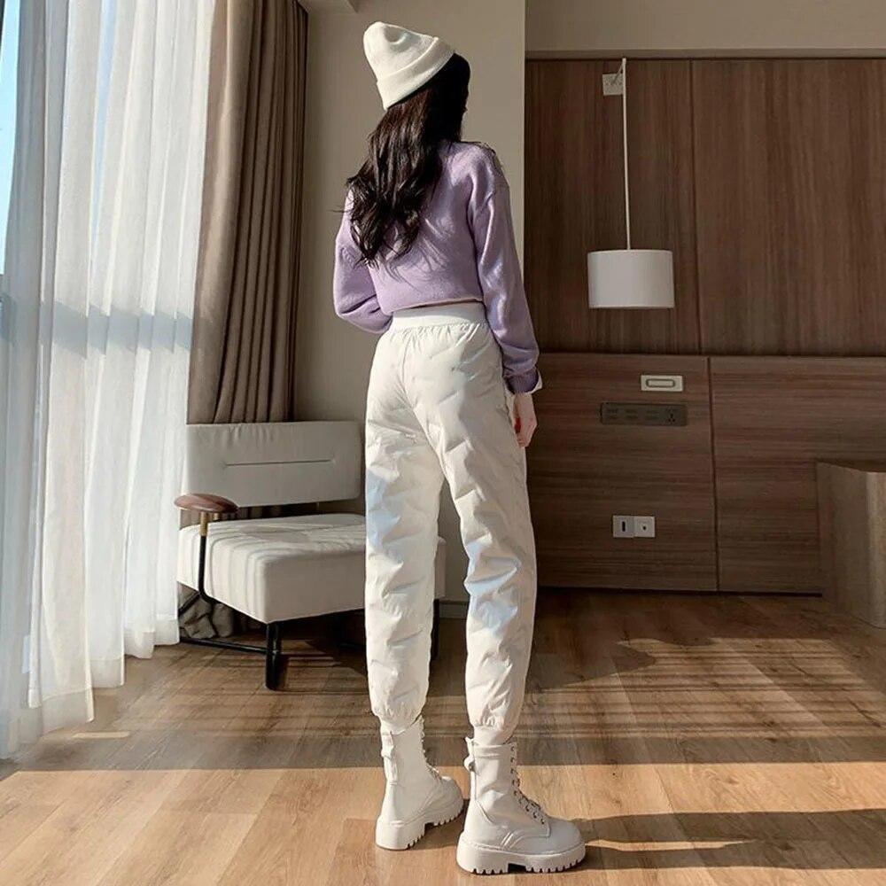 Autumn Cotton Trousers for Women's Snow Outerwear Winter High Waist Thick Casual Feet Harem Pants Warm Casual Pants