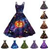 Women Halloween Print Sleeveless Off Shoulder Strap Dress A Line Fit and Flare Midi Dress for Holiday Party Cosplay Costume