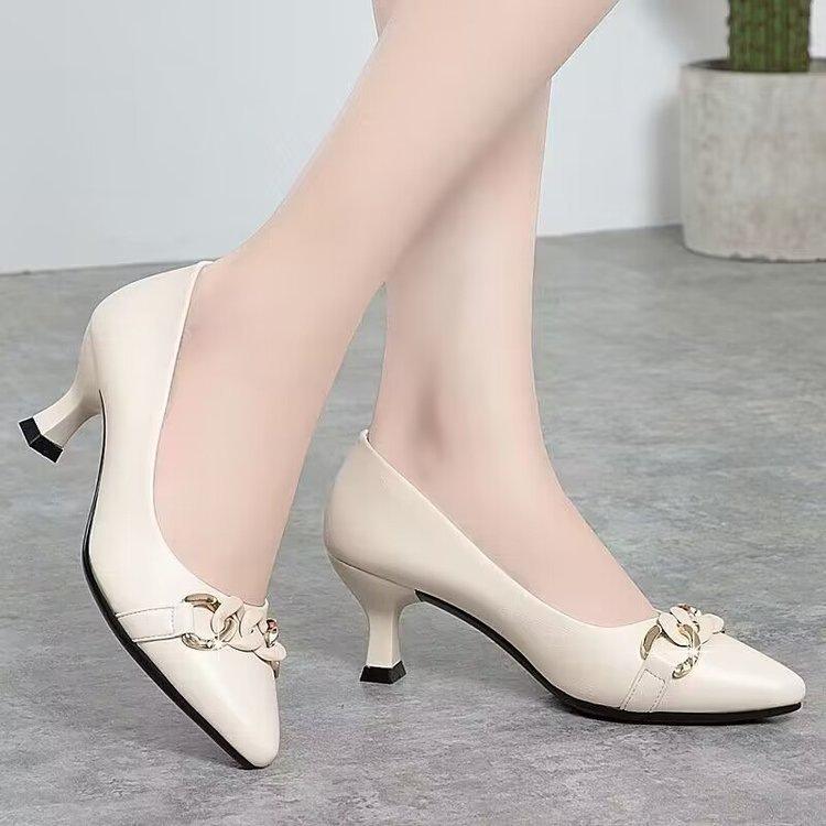 Temperament soft leather single shoes spring new high heels thick heel shallow mouth professional leather shoes