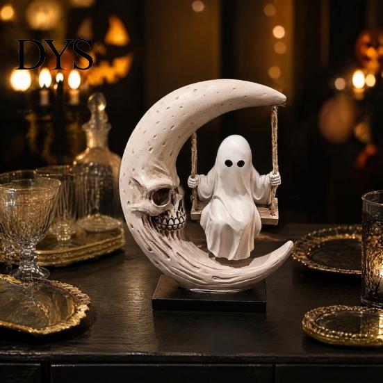 Gepersonaliseerd Verjaardagscadeau Halloween Geest Schommel Beeldje, Spookachtig op Een Maan Beeld, Donkere Esthetiek Cadeau Hars Gotische Woondecoratie voor