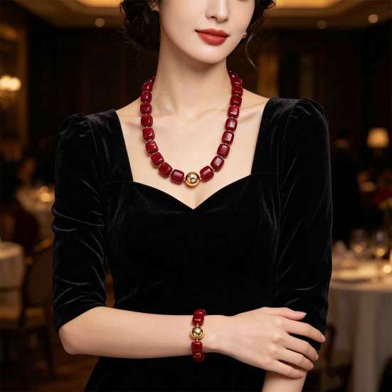 Chic Retro Style Jewelry Accessories 1 Set Red Beaded Bracelet Necklace, Acrylic Square Bead Choker Comfortable Lightweight Neck And Set, Chunky