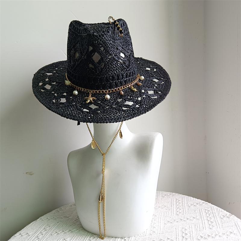 Nuovi Cappelli di Paglia da Donna alla Moda con Ape Metallica Lettera Eleganti per le Vacanze Cappello Boater Estivo a Tesa Piatta Cappello da Sole da Spiaggia
