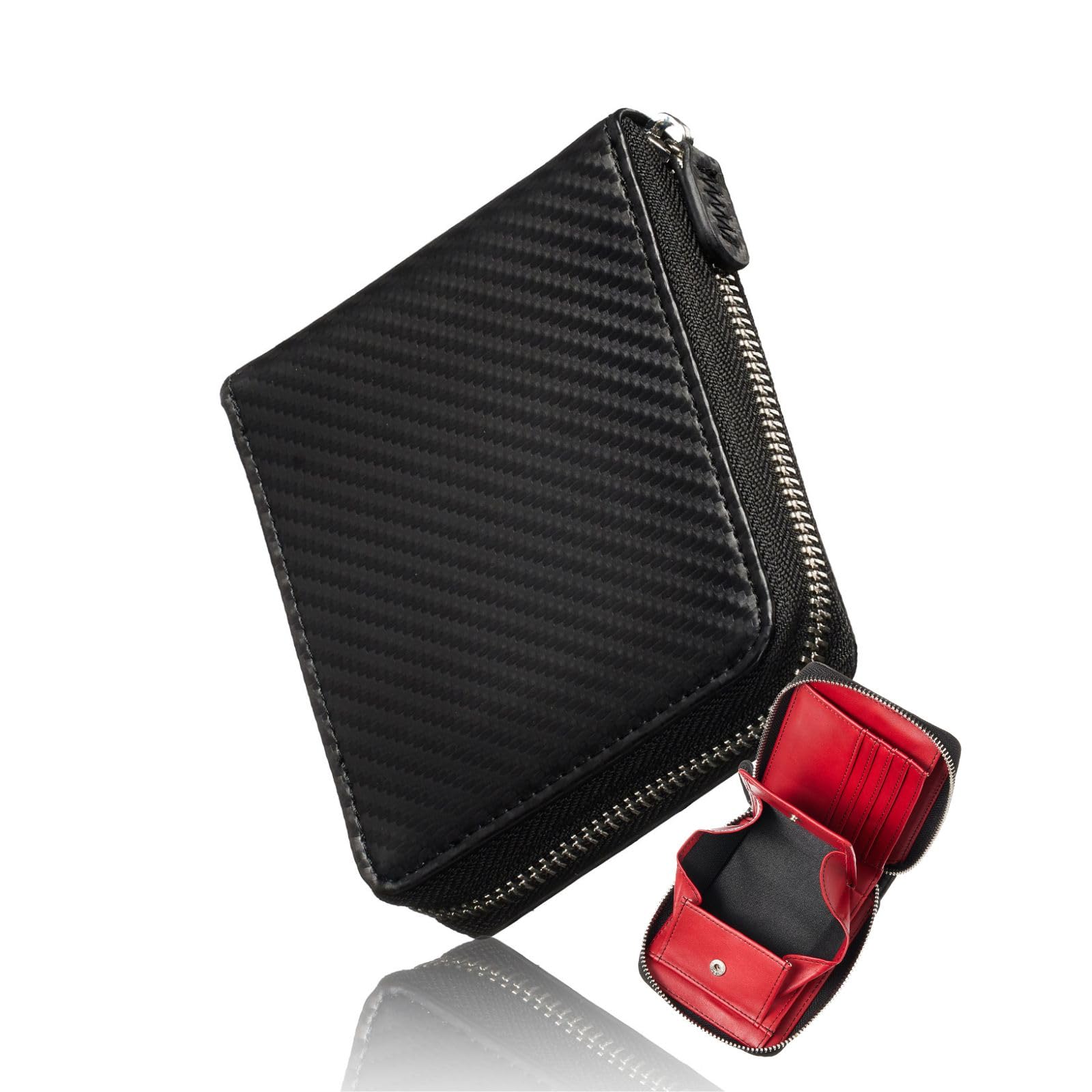 

VOICE Men s Carbon Leather Bifold Wallet Skillful Design Box-Shaped Coin Pocket Black Red Gift Boxed