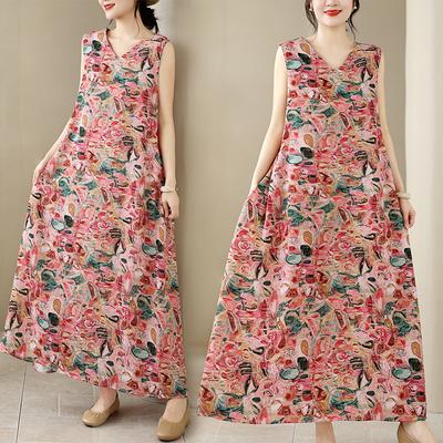 DIMANAF New 2026 Summer Women Plus Size Beach Lady Long Dress Loose Oversize Maxi Floral Print Sundress Clothing Vest Sleeveless