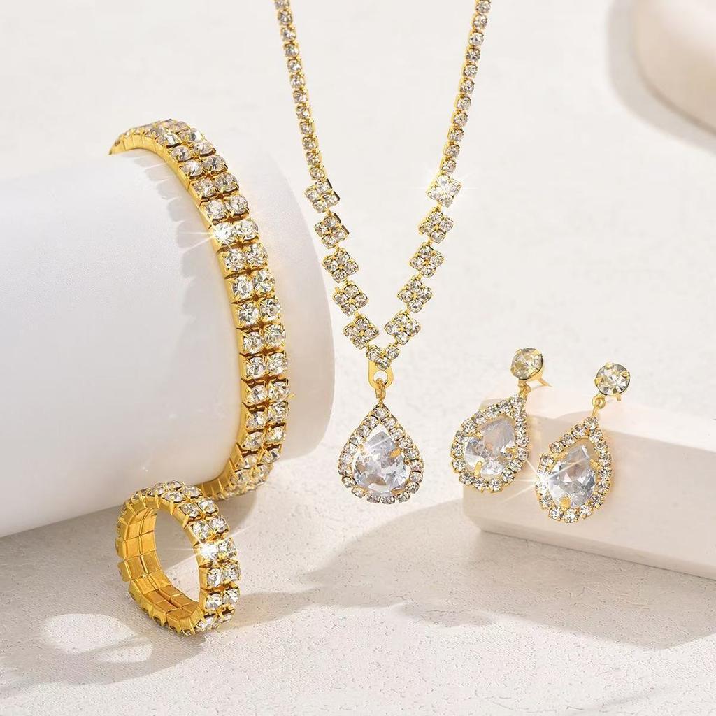 Full Rhinestone Drop Pendant Necklace and Earrings Set 4 - Piece Lightweight Alloy Jewelry for Daily Wear Party Gift
