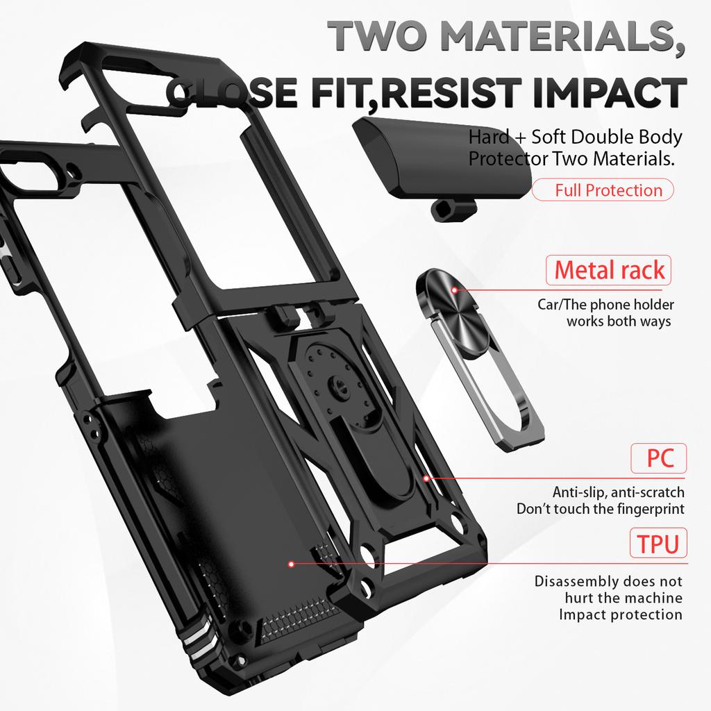 For Samsung Galaxy Z Flip 6 5 4 3 Case with Slide Lens Cover, 360° Magnetic Ring Kickstand Upgraded Military Grade Shockproof