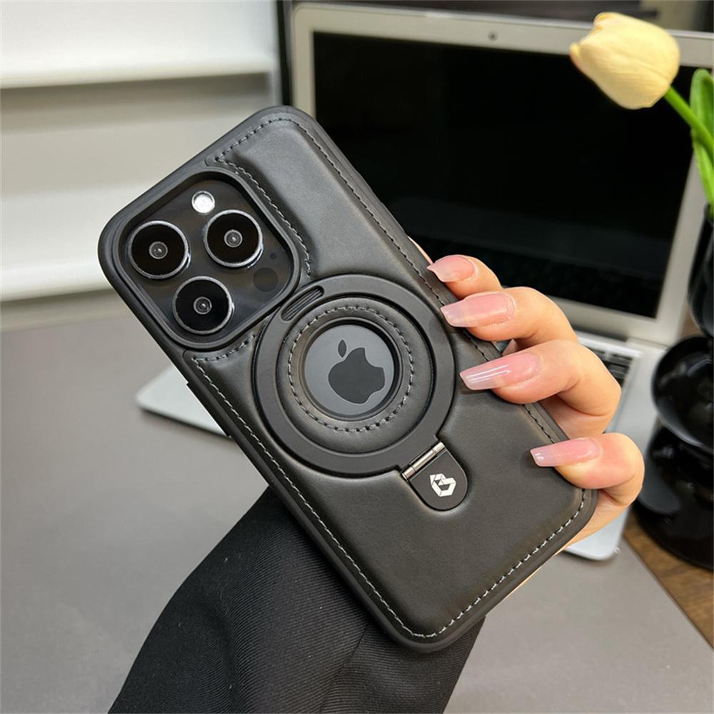 Luxusní magnetický stojánek Ring PU kožené pouzdro na telefon pro iPhone 16 15 14 13 12 Pro Max Magsafe Wireless Charging Dutý kryt loga
