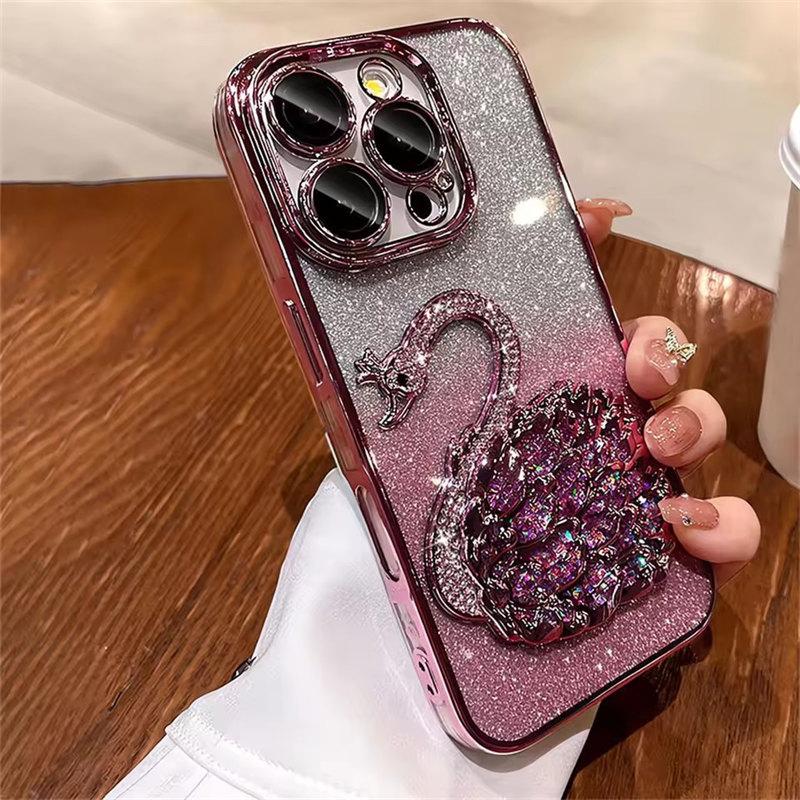 Luxury Plating Bling Glitter Gradient Diamond Swan Quicksand Phone Case For iPhone 15 12 13 14 16 Pro Max Plus Shockproof Cover