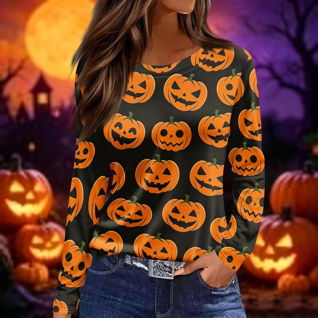 Women Fashion Long Sleeve Crew Neck Top Halloween Print Split Hem Casual Blouse Lightweight Comfortable Fit