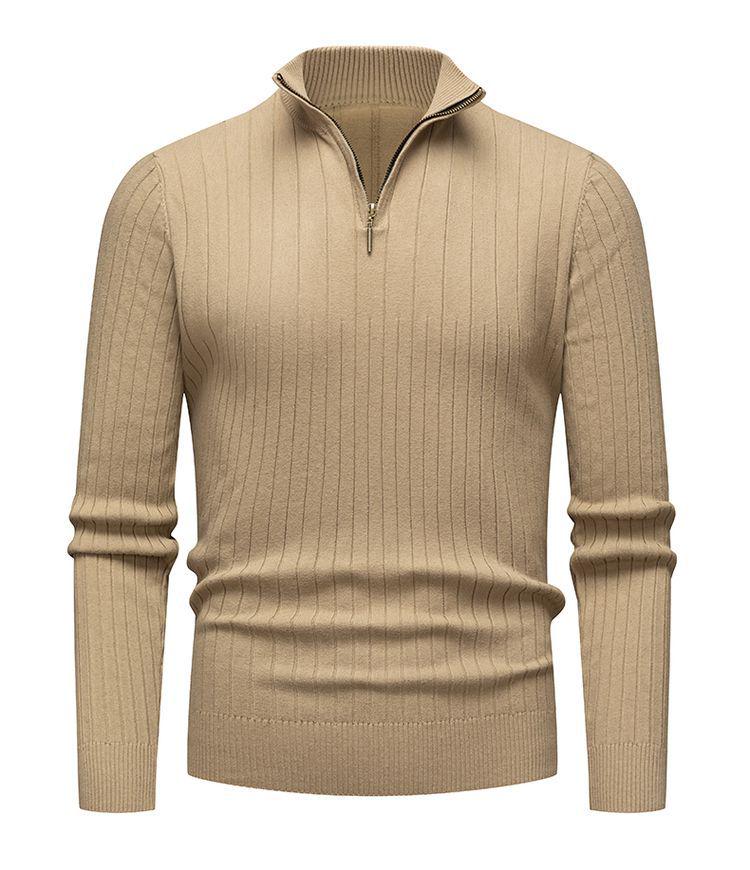 Men's Autumn/Winter Vertical Stripe Half High Collar Zip Knit Sweater