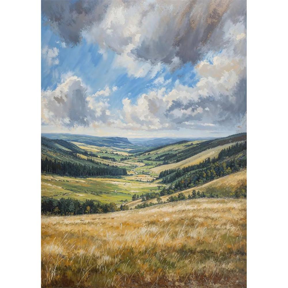 Cabana na Montanha Vista do Vale Caminho de Outono Prado de Verão Floresta de Árvores Nuvem Pôster Pintura em Tela Impressão para Sala de Estar Decoração de Casa