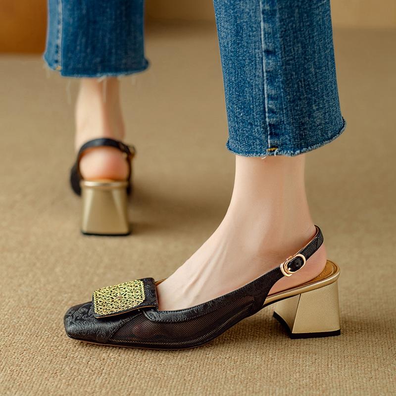 Fashion Women's New Summer Square Head Genuine Leather Cowhide Breathable Mesh Metal Jewelry High Heel Large Headed Muller Sandals