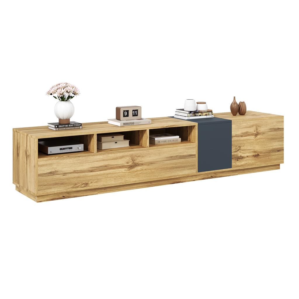 A modern TV stand in contrasting colors. With a simple, high-contrast design. With open compartments and cable openings. 200 cm