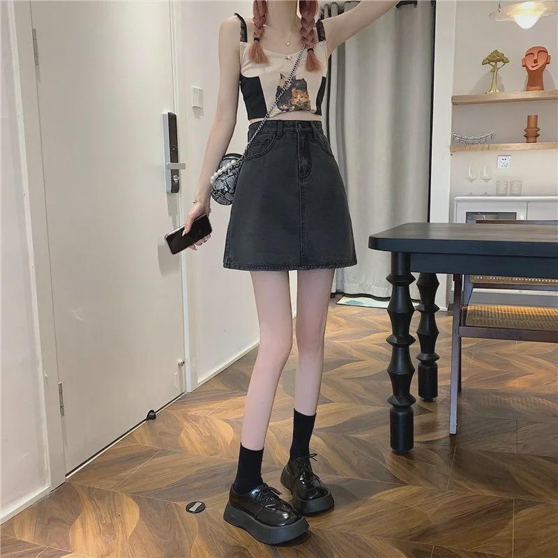 Damen Sommer 2022 High Waist A-Linie Jeansrock - Schwarz & Grau Trendy Hip Style