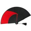 Silk Folding Fan, Black Dyed, Two-tone Silk with Bamboo Tassels, Fan Case Included (red)