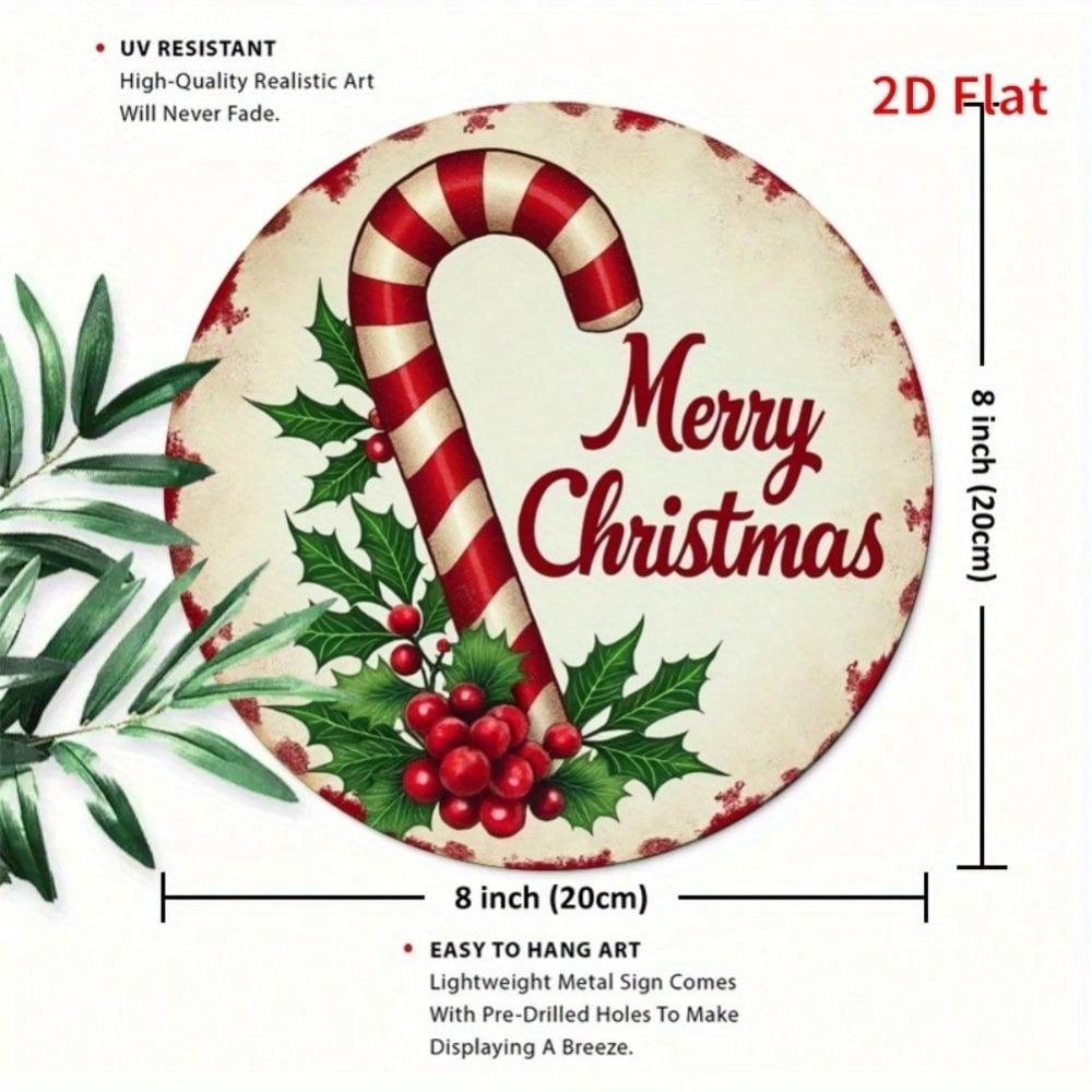 Vintage Textured Metal Tin Sign Christmas Decor Candy Cane Holly Rustic Holiday Wall Art for Home Porch Living Room Bedroom