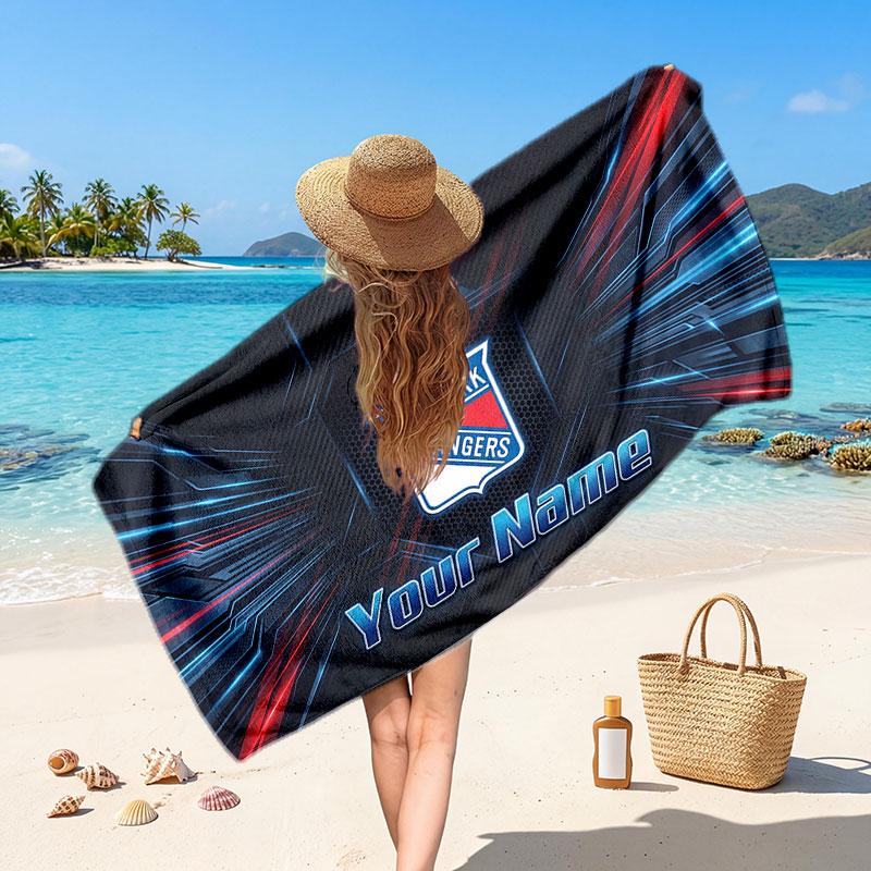 New York Rangers Customized Name Text Beach Towel, Soft Absorbent Towel Beach Pool Travel Personal Gift