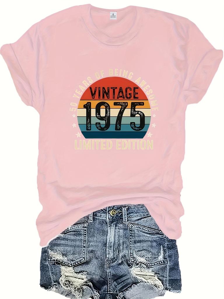 Vintage 1975 Limited Edition Damen T-Shirt Lässig Rundhals Kurzarm Top Ganzjahres Regular Länge T-Shirt mit Allover Alphabet Print