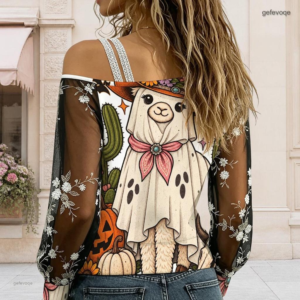 Women Plus Size Asymmetric Cold Shoulder Long Sleeve T Shirt Abstract Printed Sheer Floral Embroidered Sleeve
