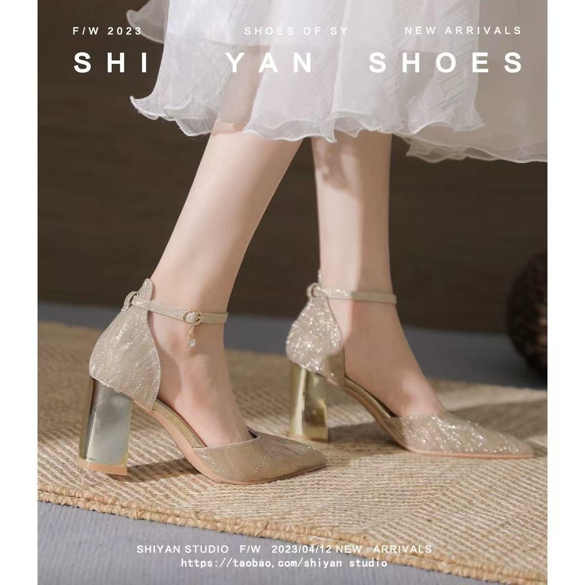 

Женские туфли на высоком каблуке весна 2025 новая модель с острым носком свадебные хрустальные туфли темпераментные лодочки на толстом каблуке 40