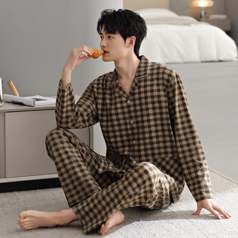 Pure Cotton Pajamas Men'S Loungewear Spring Suit Cardigan Long-Sleeved Plaid Can Be Worn Outside Spring And Autumn Styles