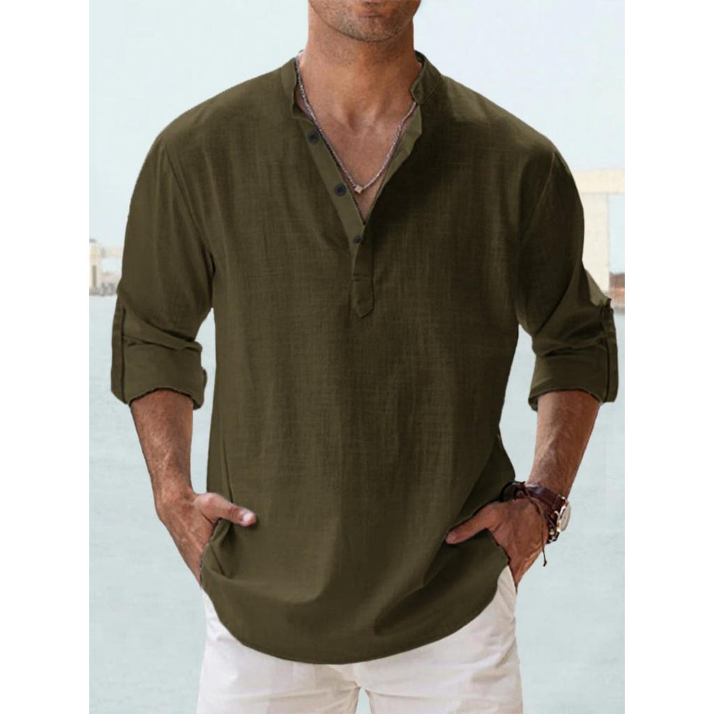 Men's Casual Cotton and Linen Long-sleeved Shirt - Summer Pure Color Stand Collar, Breathable and Lightweight, Large Size Optional, Black