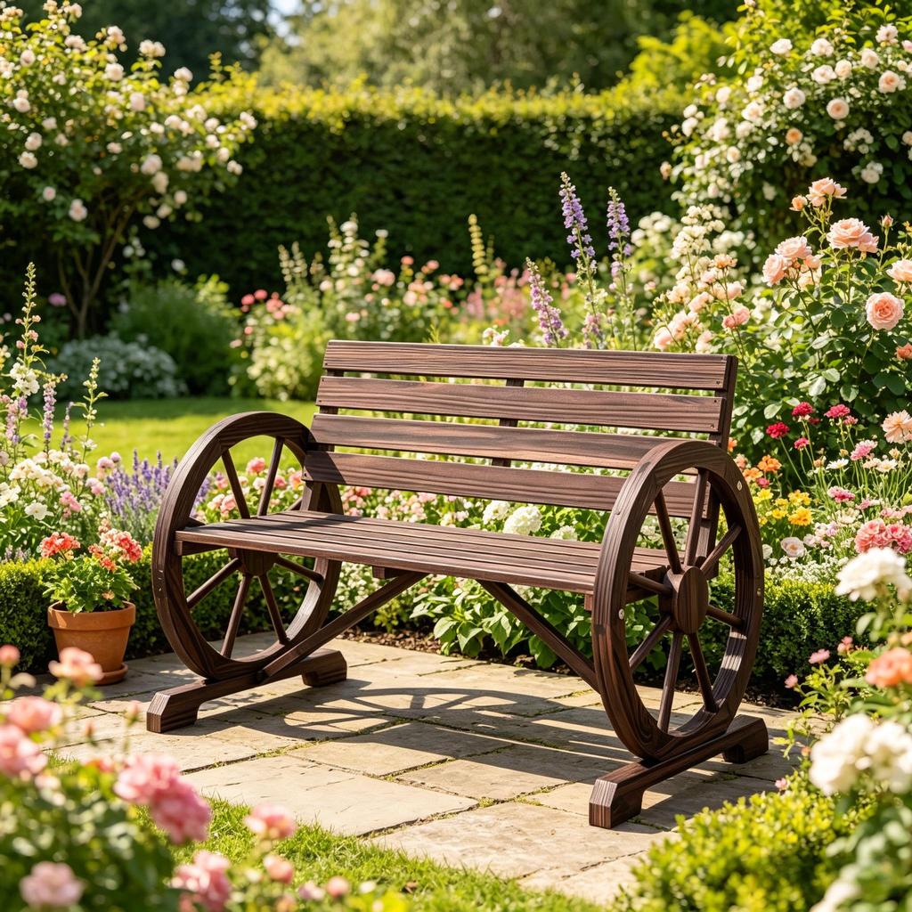 Vintage-style garden bench with cartwheel armrests, classic wooden bench with unique design, double seat bench