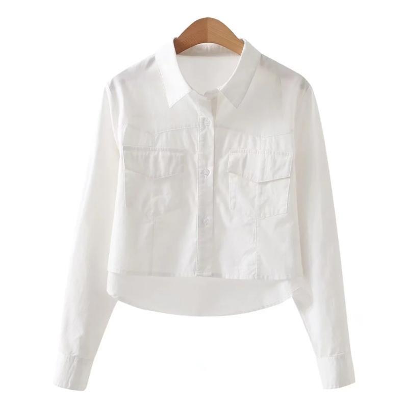 

Свободный Короткий С Завышенной Талией Открывающий Живот Наряд С Длинными Рукавами Женская Рубашка Минималистичный Кроп-Топ с Двойным Карманом Модный Весенне-Летний Новый Белая Рубашка White S