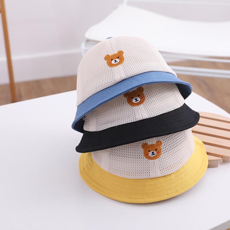 Cute Bear Sunscreen Basin Cap For Kids Summer Breathable Mesh Fisherman Hat 5-24M Boy Girl Large Brim Visors Cartoon Baby Bucket Hats
