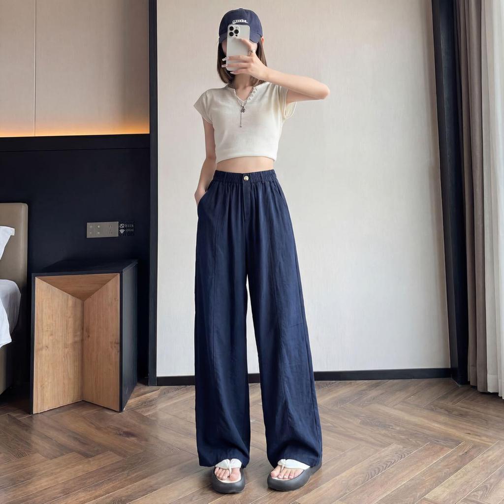 2026 Women's High-Waisted Tencel Linen Wide-Leg Pants - Loose, Floor-Length, Casual Ice Silk Design