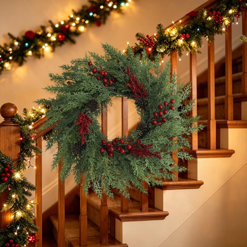 Christmas Wreath Decorative Hanging Garland With Pine Cones Red Berries Wall Door Home Holiday Decoration