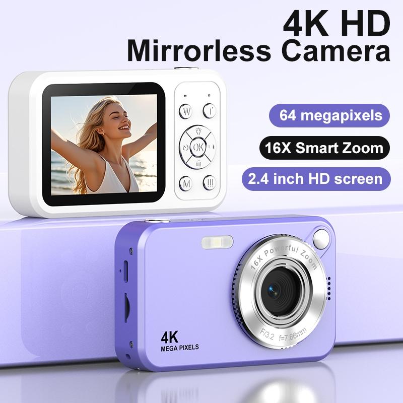 4K 64MP CCD Digital Camera 2.4" Screen 16X Zoom Compact Retro Camera with LED Flash Autofocus Portable Vlogging Camera for Campus/Travel/selfie