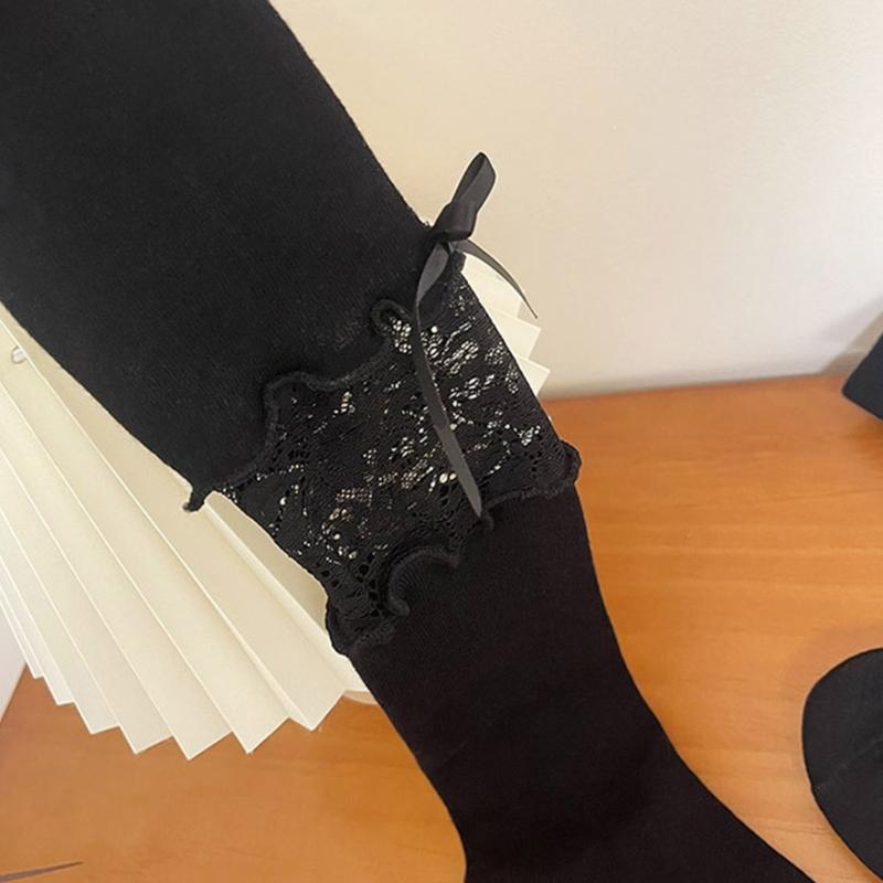 Women Lace Patchwork Calf Sock Knee Length Socks Lacing Up Knee Sock Fashion Mesh Knee Stockings Sexy Mesh Calf Socks