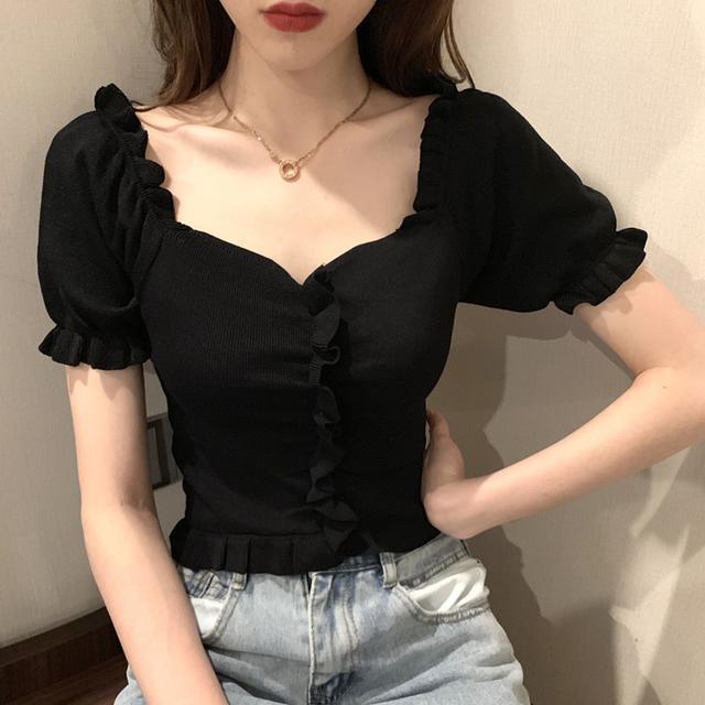 

Вязаный свитер с V-образным вырезом до ключиц во французском стиле на лето, женская футболка с коротким рукавом большого размера XL чёрный