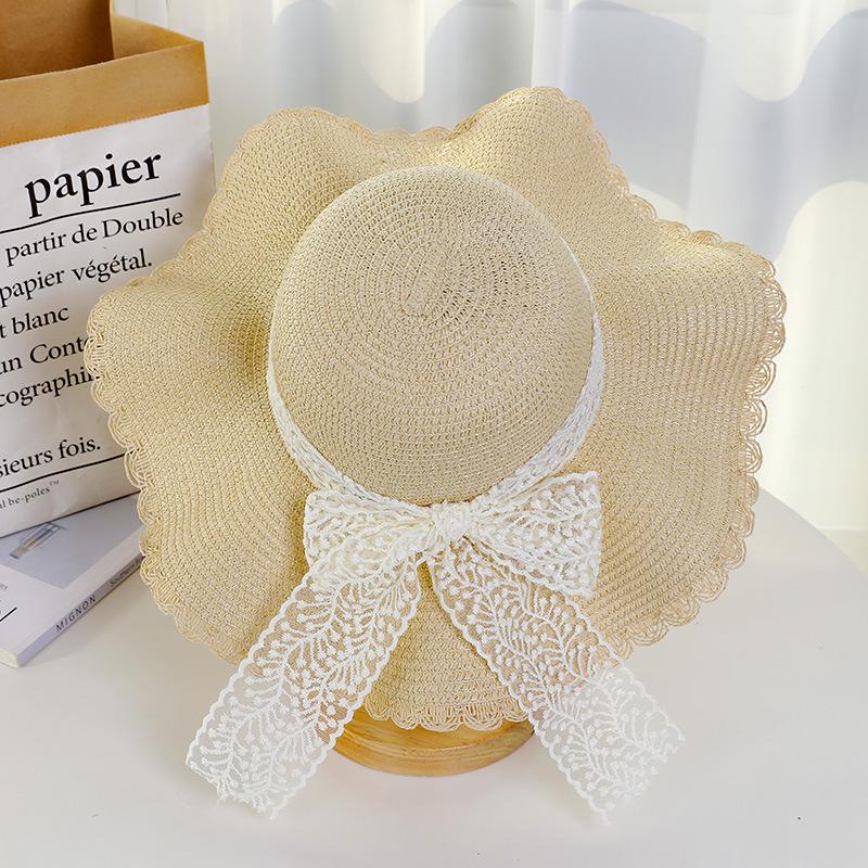 Sweet bucket hat straw hat women's lace bow big brim foldable sun hat seaside beach
