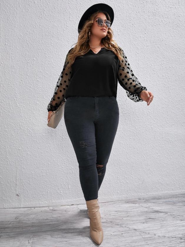 Plus Size Women's Mesh Patchwork Long Sleeve Solid Color Shirt