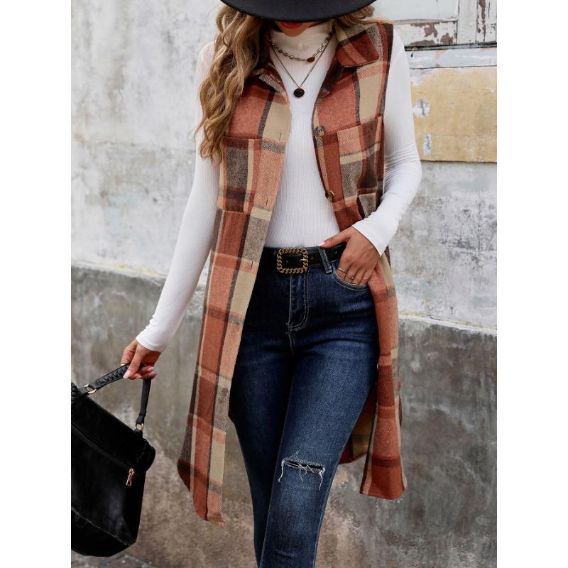 Women Plaid Print Flap Collar Sleeveless Jacket  Autumn Loose Fashion Single Breasted Long Thermal Vest