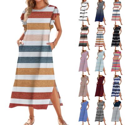 Ladies' Fashionable Summer Casual Pleated Sleeves, Loose Striped Printed Short Sleeves, Round Tie, Pocket Beach Dress
