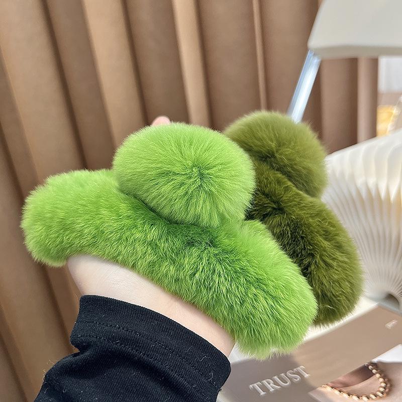 Large Rex Rabbit Fur Hair Clip - Plush Headdress for Winter